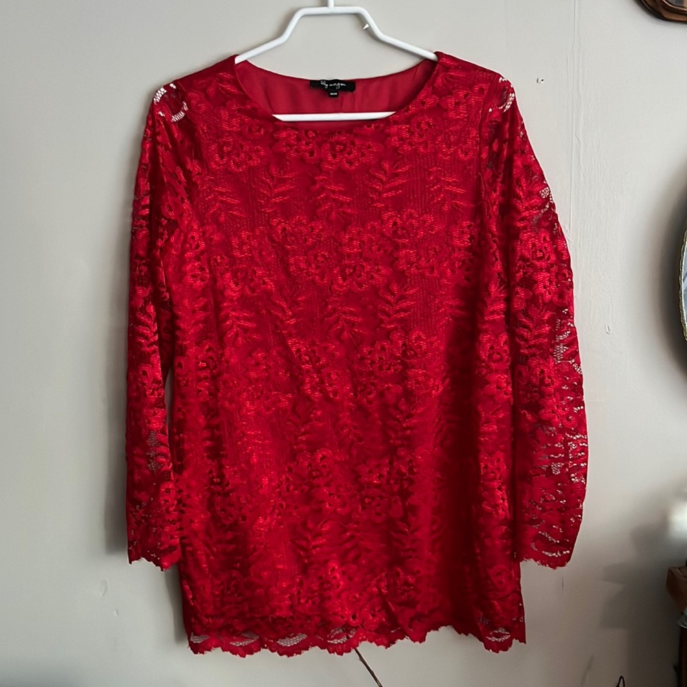 3/$40 Size Medium Lily Morgan Red Lace Overlay long sleeve Blouse